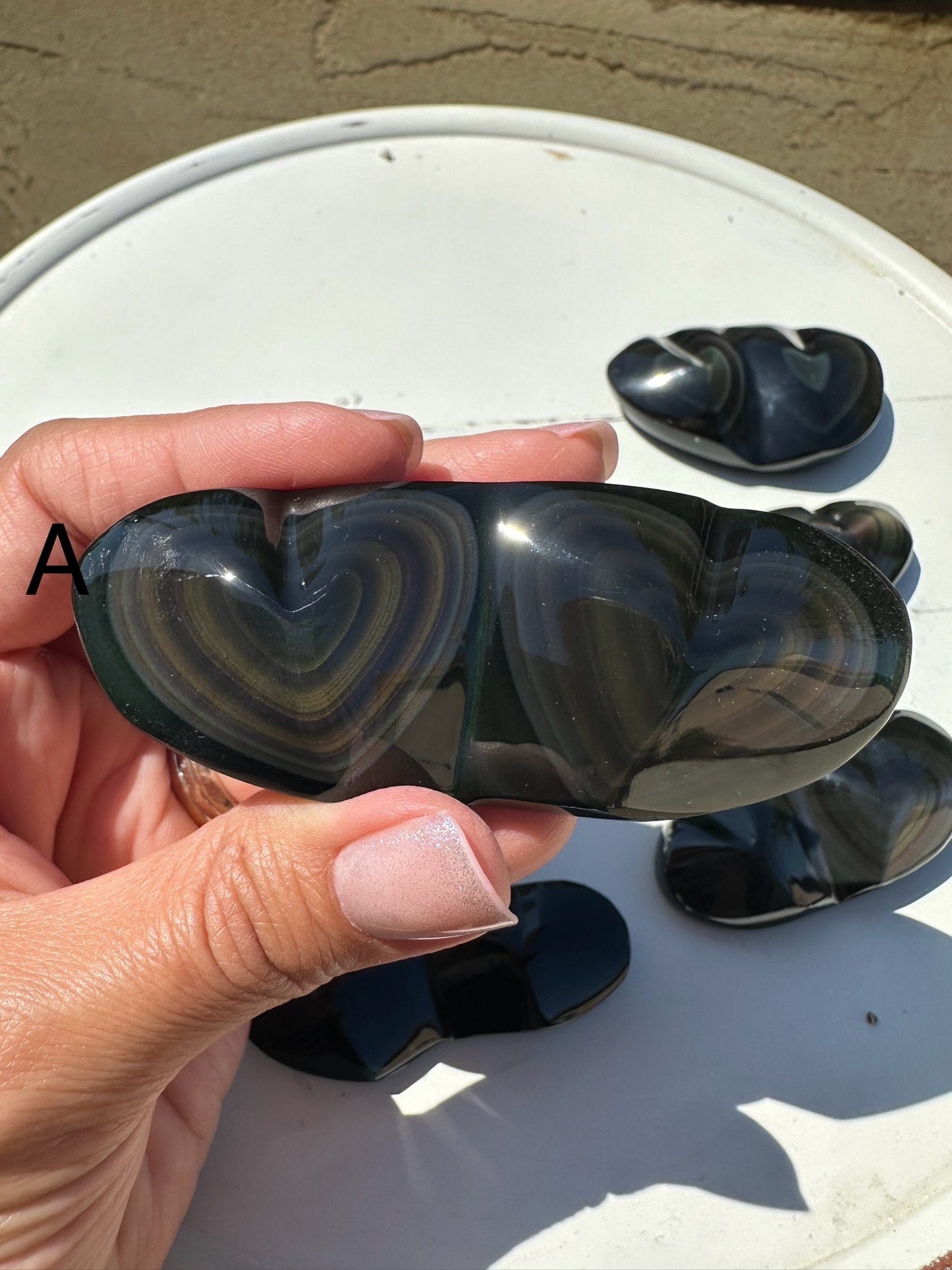 Rainbow Obsidian Double Hearts Heavens Eye Fire Obsidian Crystal heart Carving