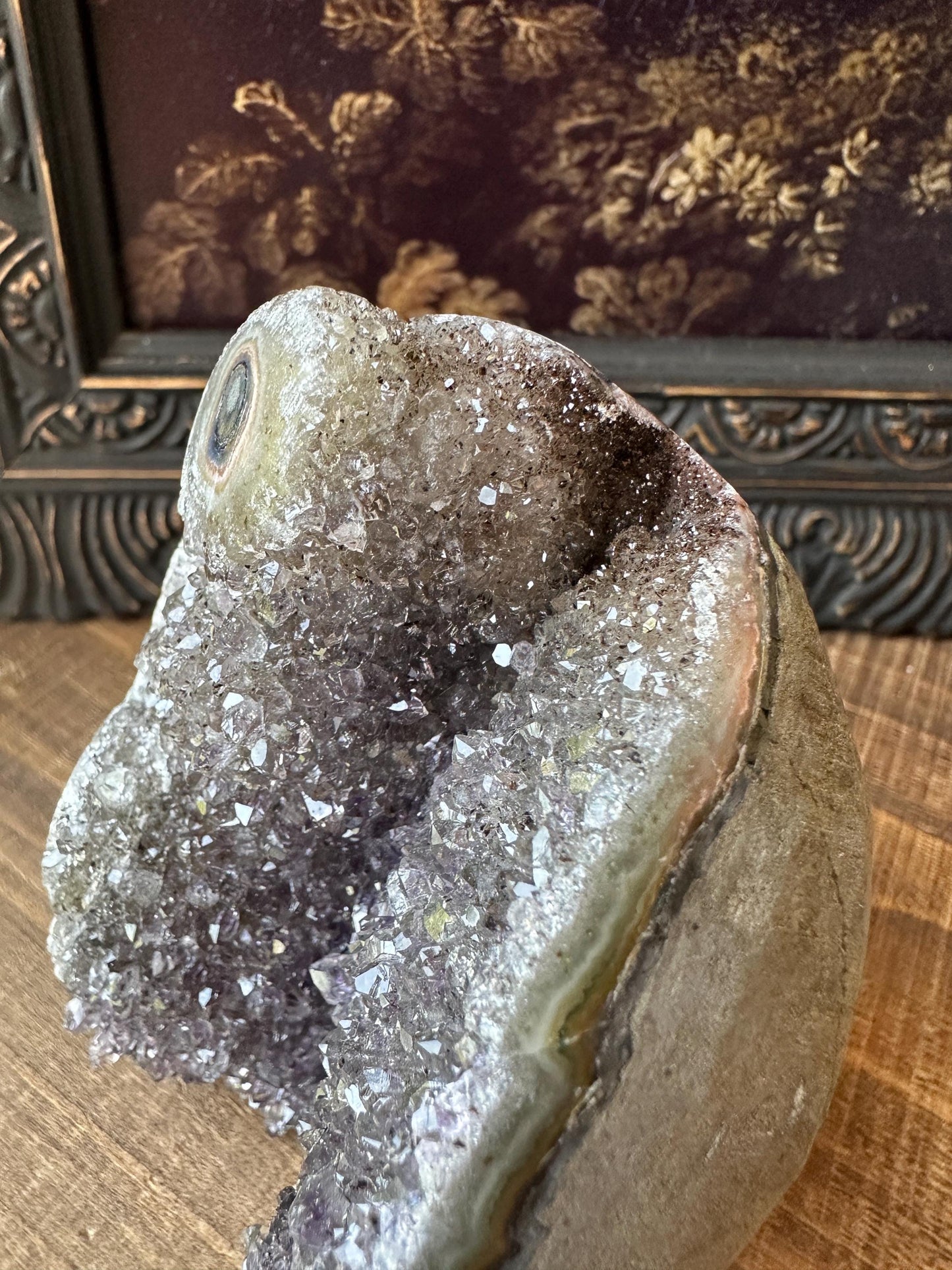 Grey-Balck-Purple Uruguay Amethyst Cut Base with a Stalactite with deep purple cave, Unique Crystal Druzy