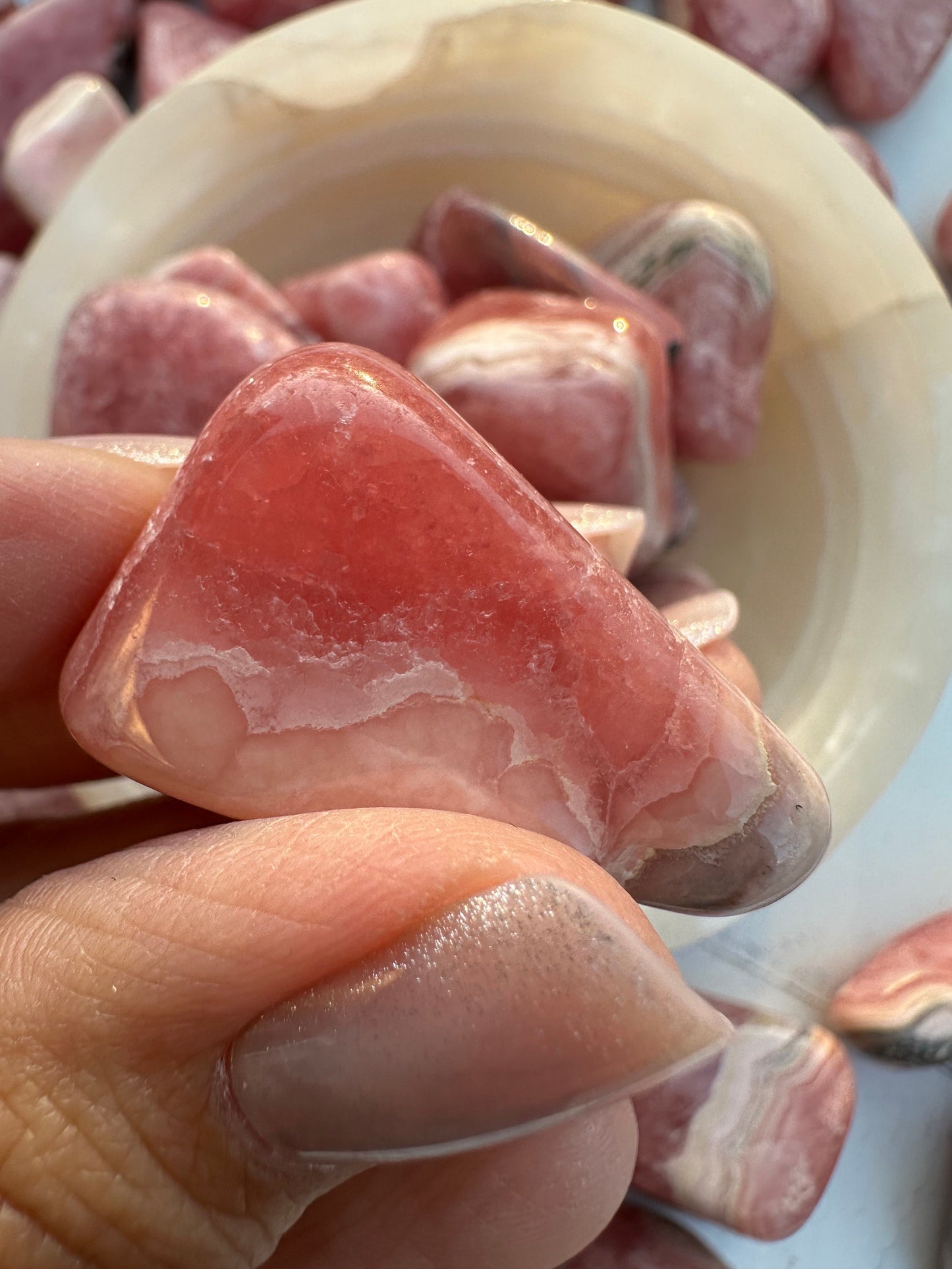 High quality Rhodochrosite Argentina, Saturated Raspberry, Gemmy, tumbled crystal