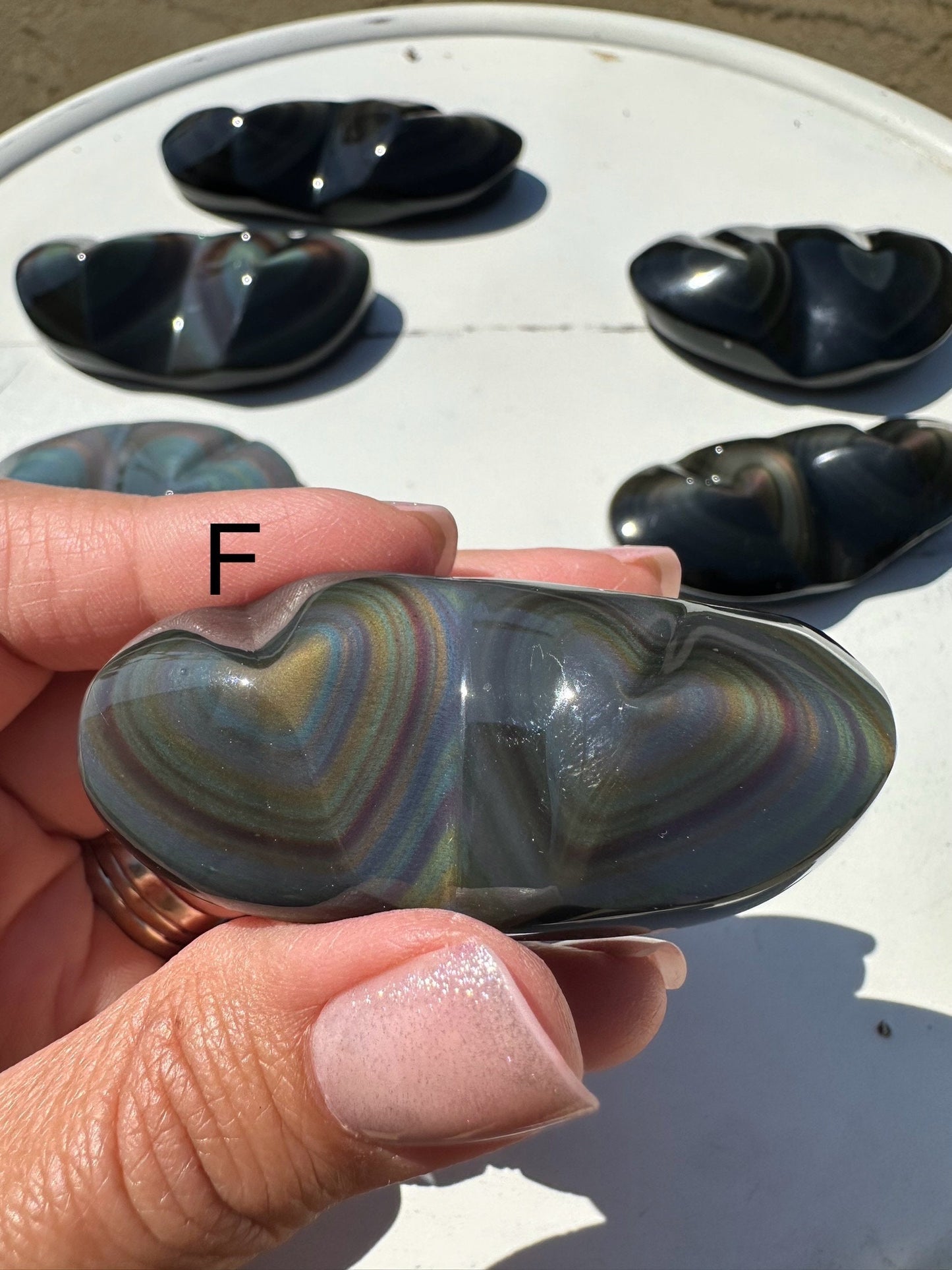 Rainbow Obsidian Double Hearts  Heavens Eye Fire Obsidian Crystal heart Carving