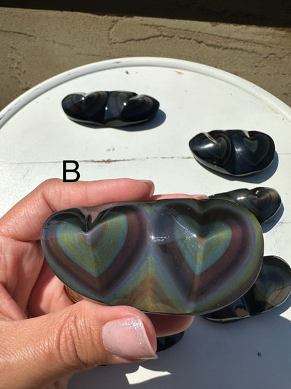 Rainbow Obsidian Double Hearts  Heavens Eye Fire Obsidian Crystal heart Carving