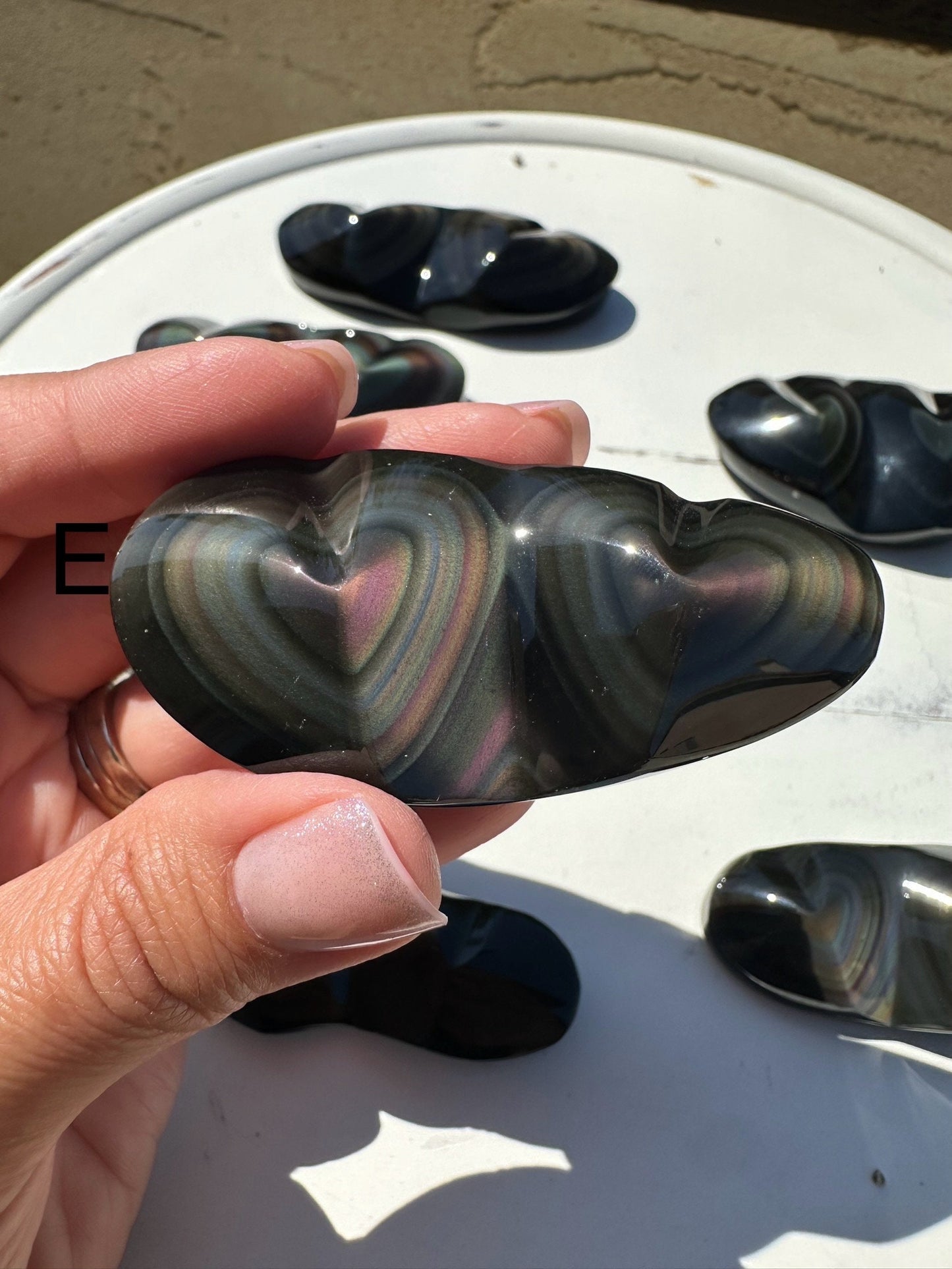 Rainbow Obsidian Double Hearts  Heavens Eye Fire Obsidian Crystal heart Carving