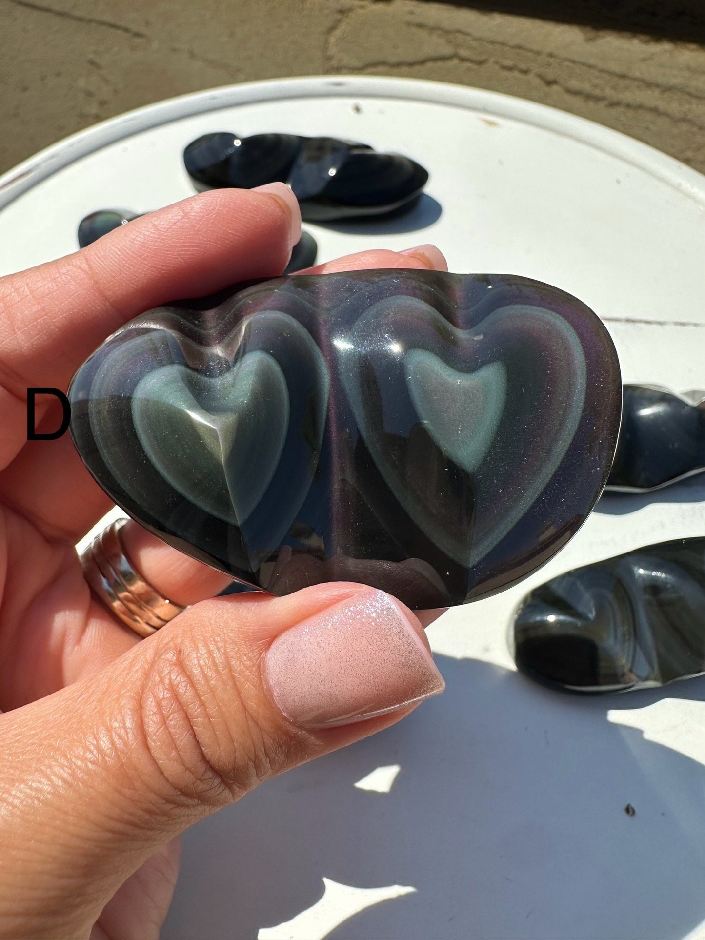 Rainbow Obsidian Double Hearts  Heavens Eye Fire Obsidian Crystal heart Carving