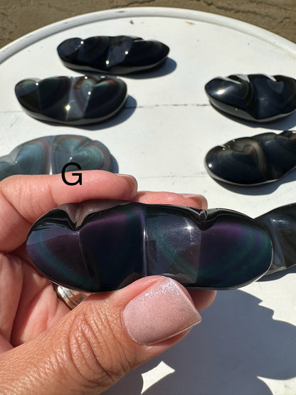 Rainbow Obsidian Double Hearts  Heavens Eye Fire Obsidian Crystal heart Carving