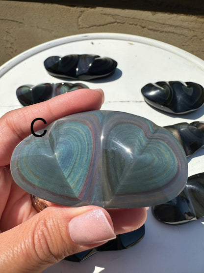 Rainbow Obsidian Double Hearts  Heavens Eye Fire Obsidian Crystal heart Carving