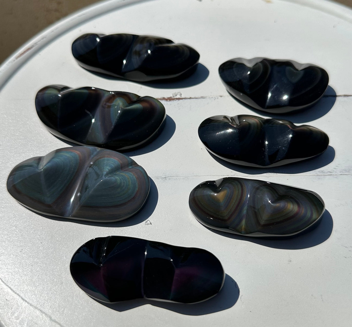 Rainbow Obsidian Double Hearts  Heavens Eye Fire Obsidian Crystal heart Carving