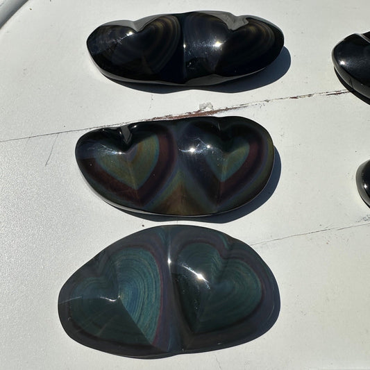 Rainbow Obsidian Double Hearts  Heavens Eye Fire Obsidian Crystal heart Carving