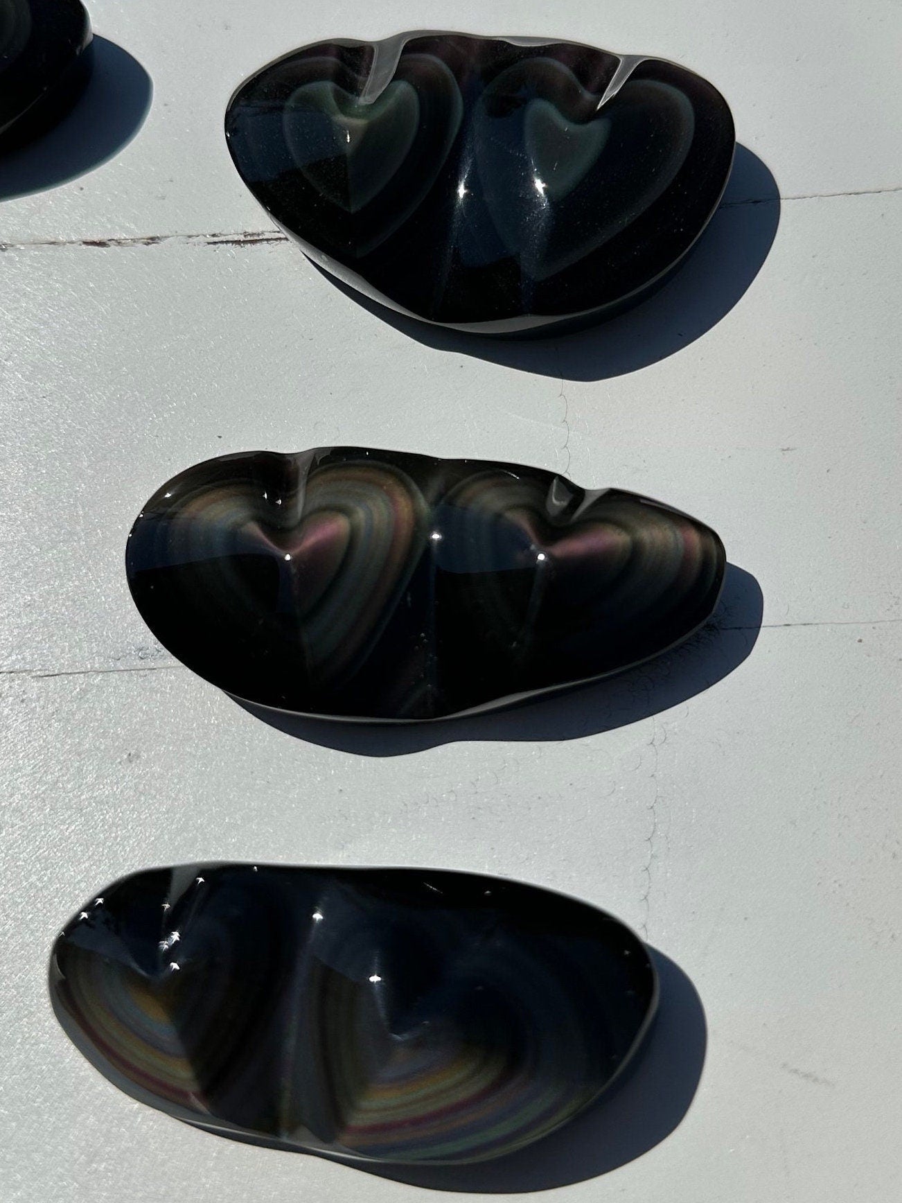 Rainbow Obsidian Double Hearts  Heavens Eye Fire Obsidian Crystal heart Carving