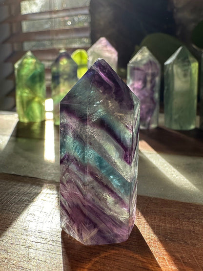 High quality fluorite mini tower/ rainbow fluorite / gemmy/ flashy / transparent