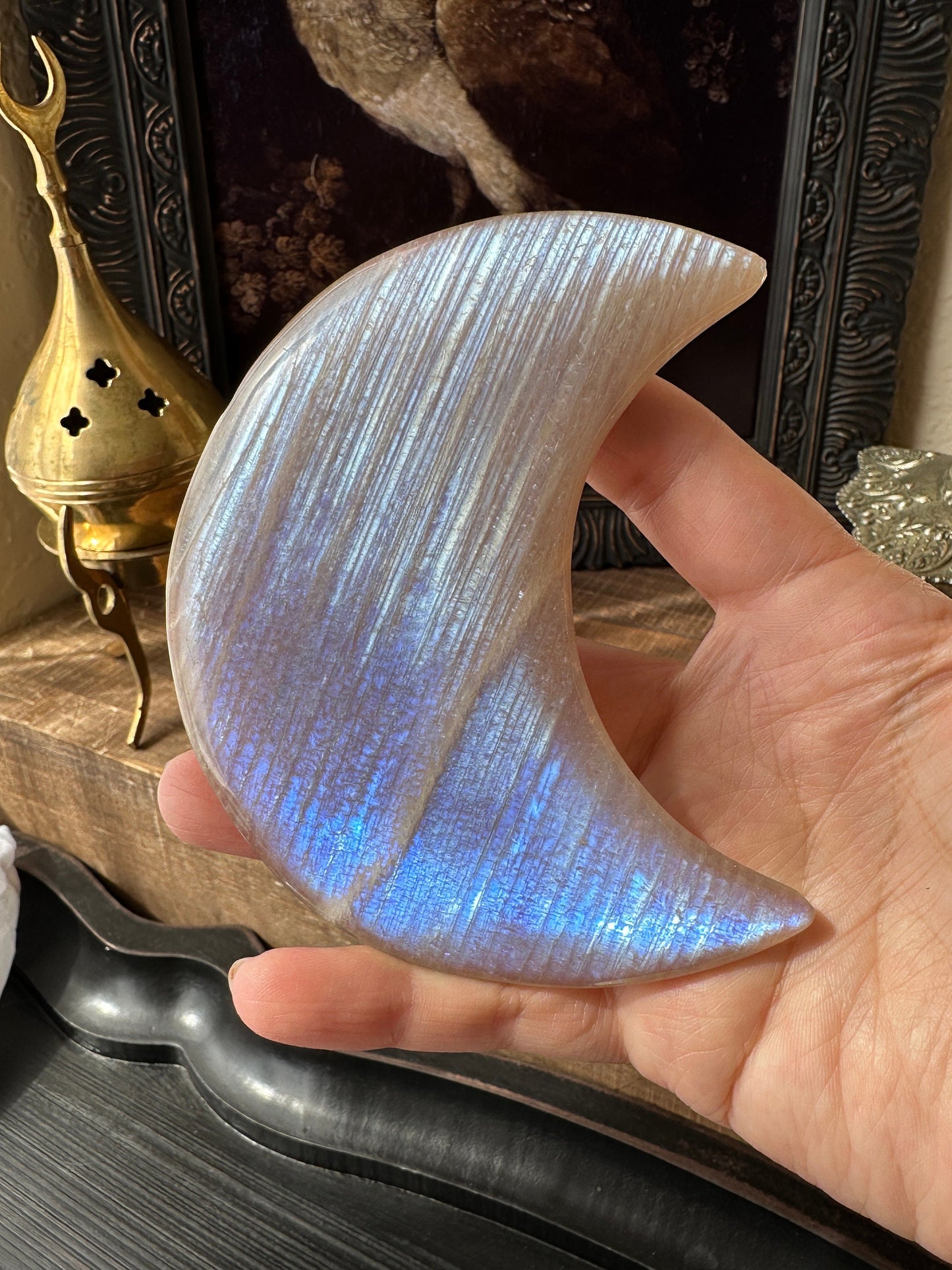 Blue Flash Moonstone crescent Moon w/ sunstone flash, translucent, crystal moon, high quality