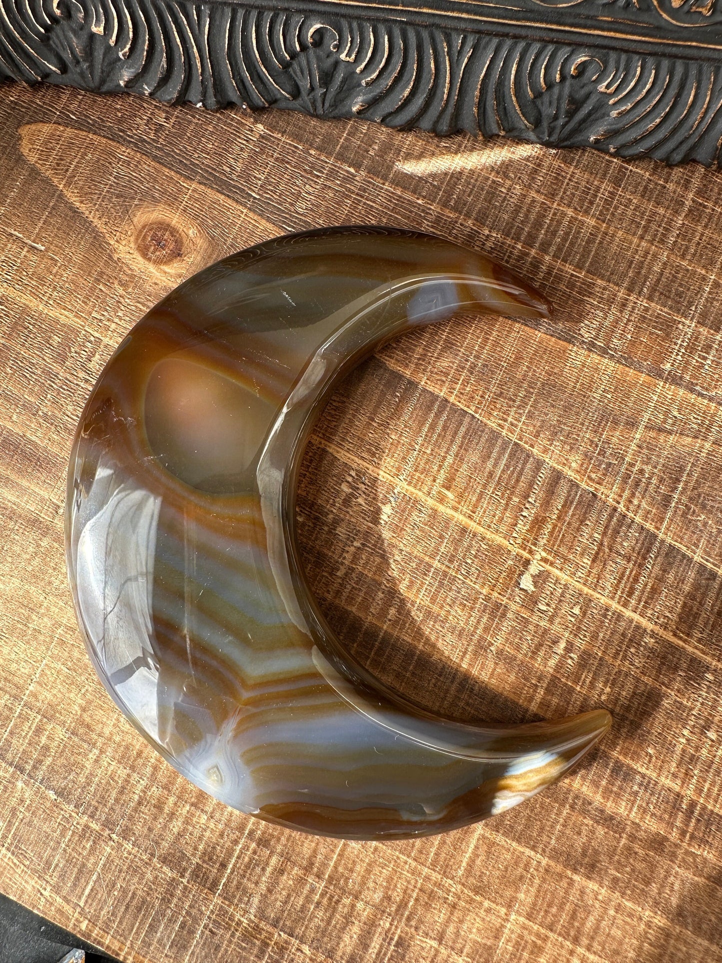 Translucent Blue Brown Banded Agate Crescent Moon Sugar Druzy Crystal Moon