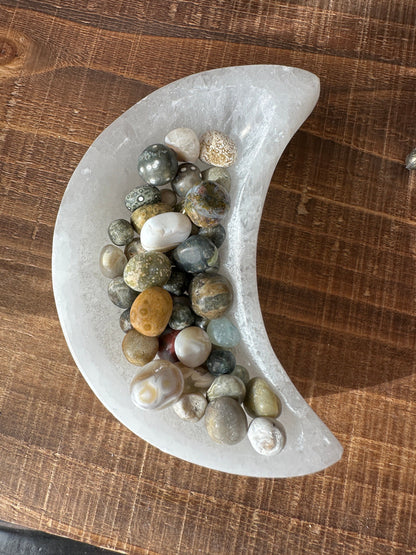 Selenite moon bowl, satin spar, ocean Jasper, sea Jasper, selenite