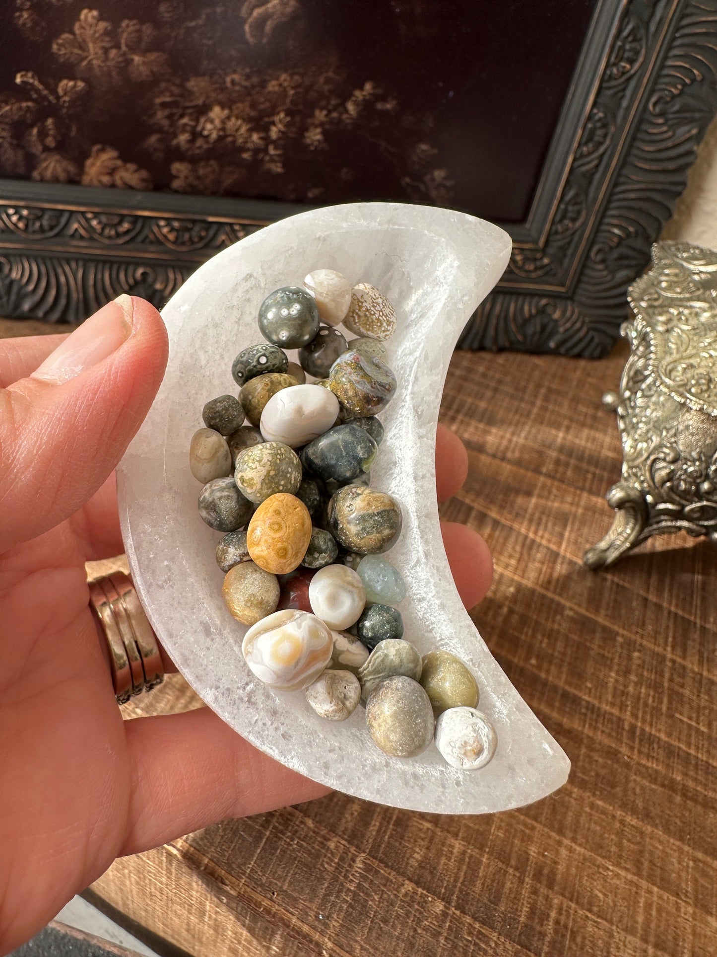 Selenite moon bowl, satin spar, ocean Jasper, sea Jasper, selenite