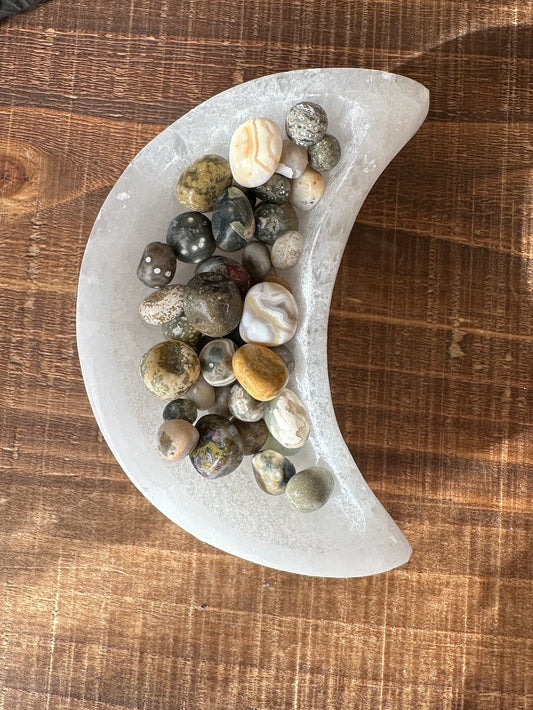 Selenite moon bowl, satin spar, ocean Jasper, sea Jasper, selenite