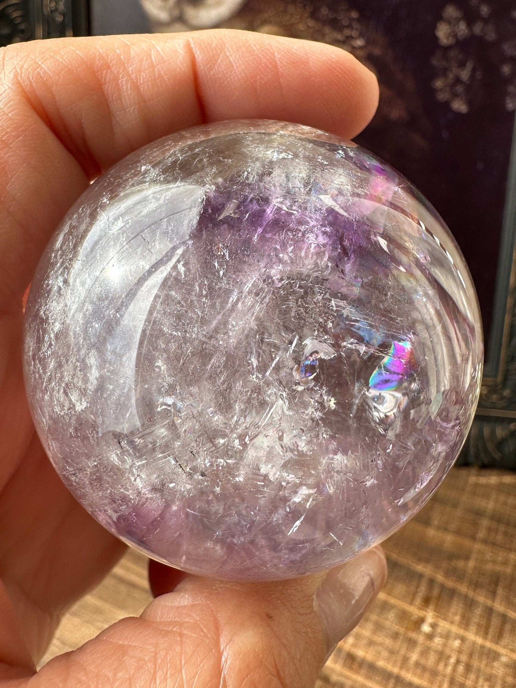 Quartz sphere with Amethyst Phantom, flashy, rainbow sphere, Amethyst Sphere