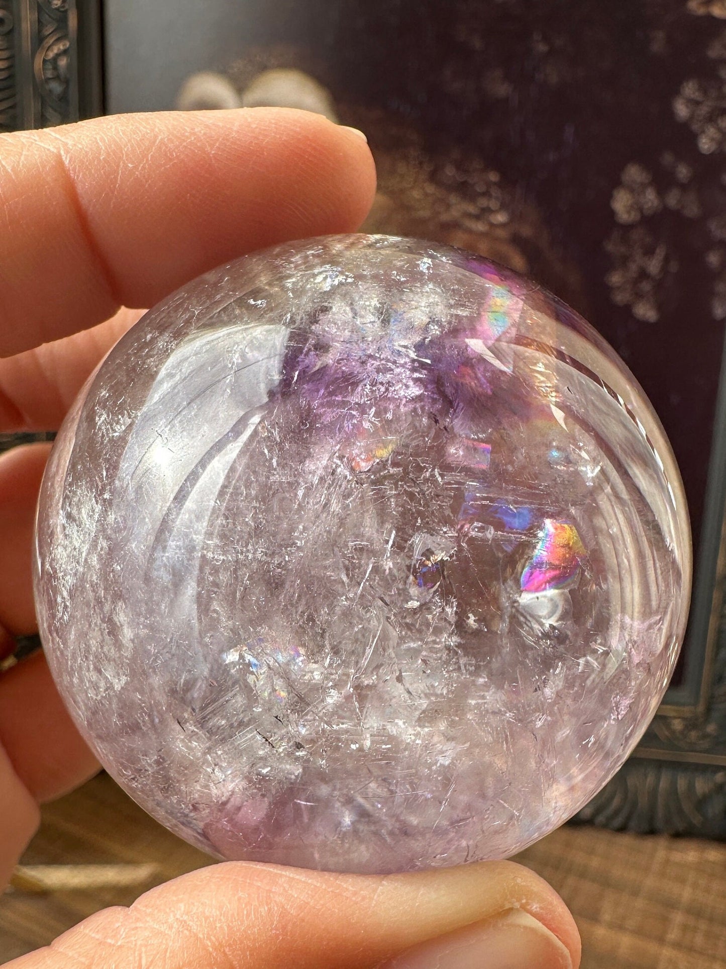 Quartz sphere with Amethyst Phantom, flashy, rainbow sphere, Amethyst Sphere