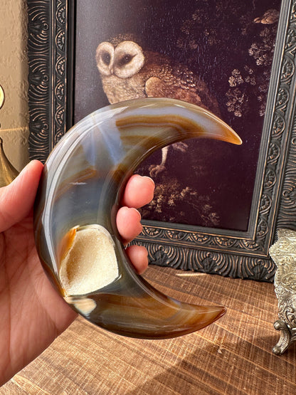 Translucent Blue Brown Banded Agate Crescent Moon Sugar Druzy Crystal Moon