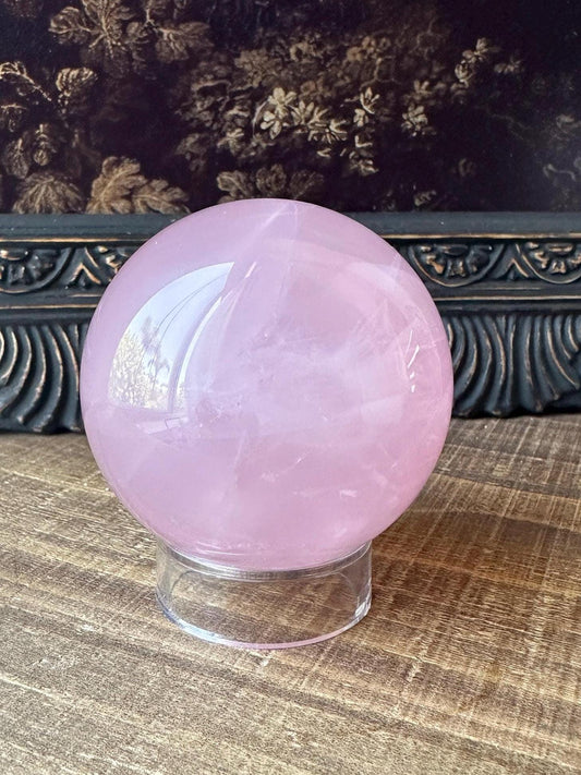 Six Star Rose Quartz Sphere Flashy Juicy Pink Rose Quartz, Gemmy with rainbow