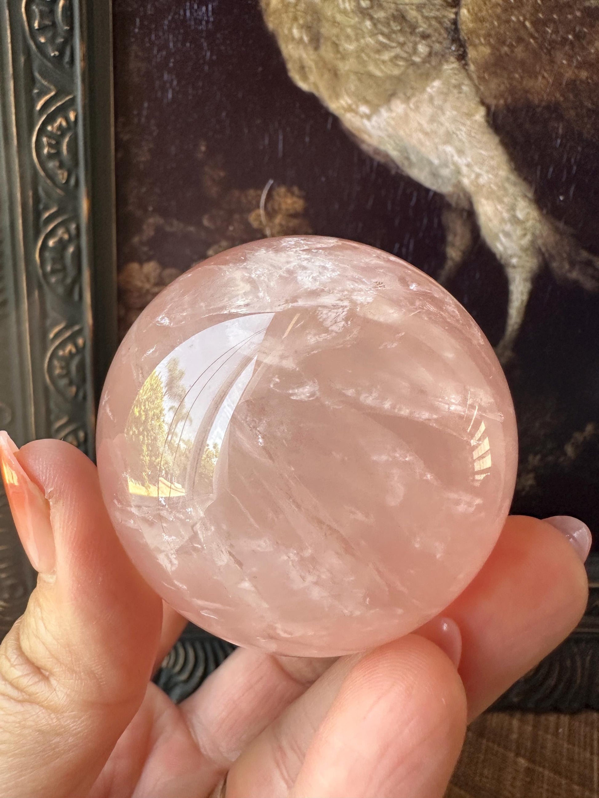 Six Star Rose Quartz Sphere Flashy Juicy Pink Rose Quartz, Gemmy with rainbow