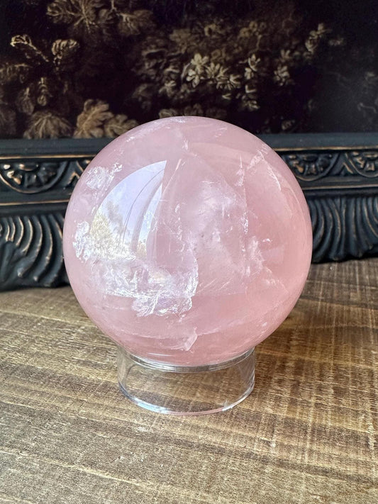 Six Star Rose Quartz Sphere with double stars, Juicy Pink Rose Quartz, Gemmy with rainbow