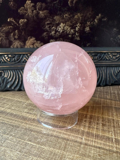 Six Star Rose Quartz Sphere with double stars, Juicy Pink Rose Quartz, Gemmy with rainbow