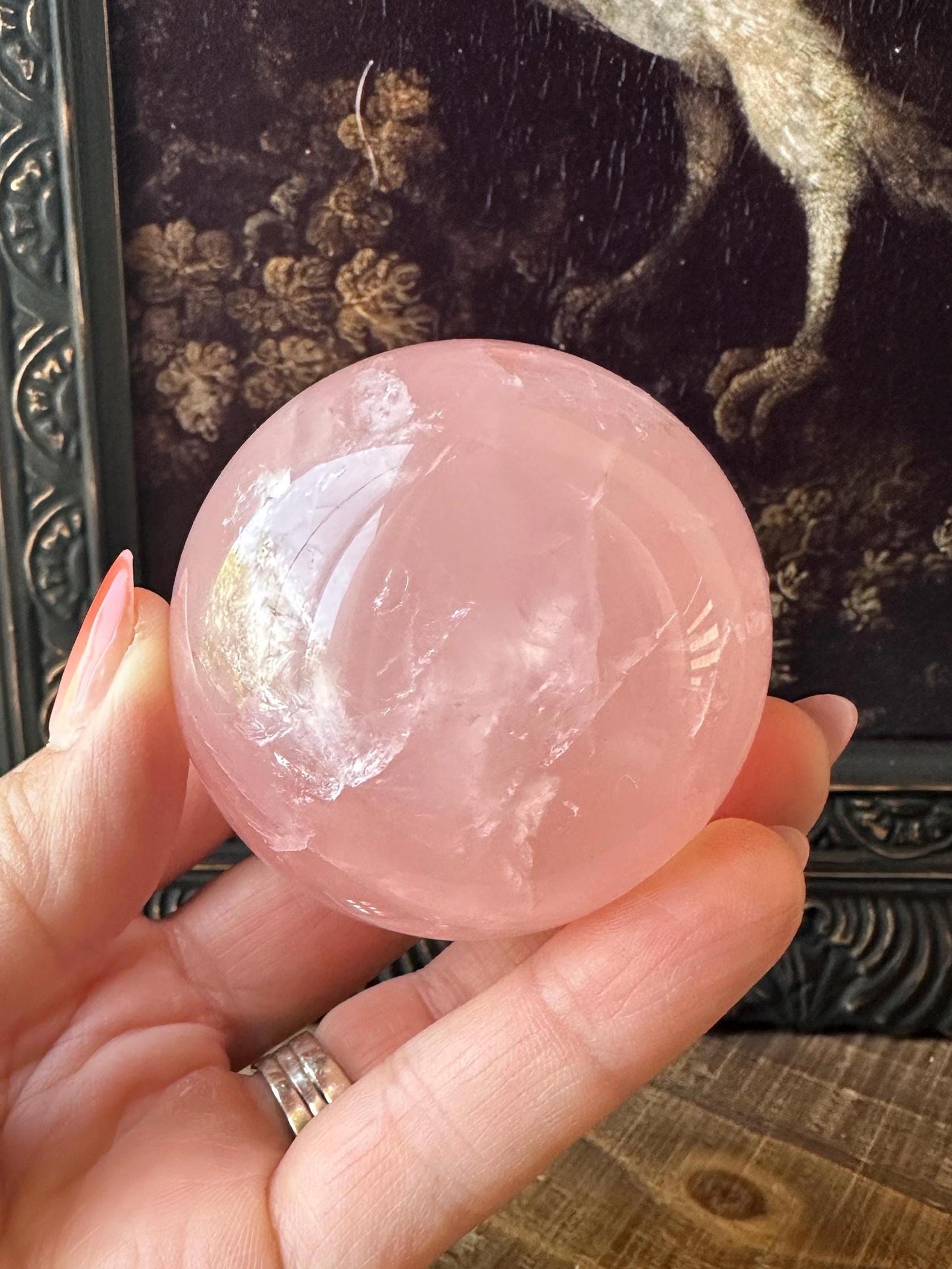 Six Star Rose Quartz Sphere with double stars, Juicy Pink Rose Quartz, Gemmy with rainbow