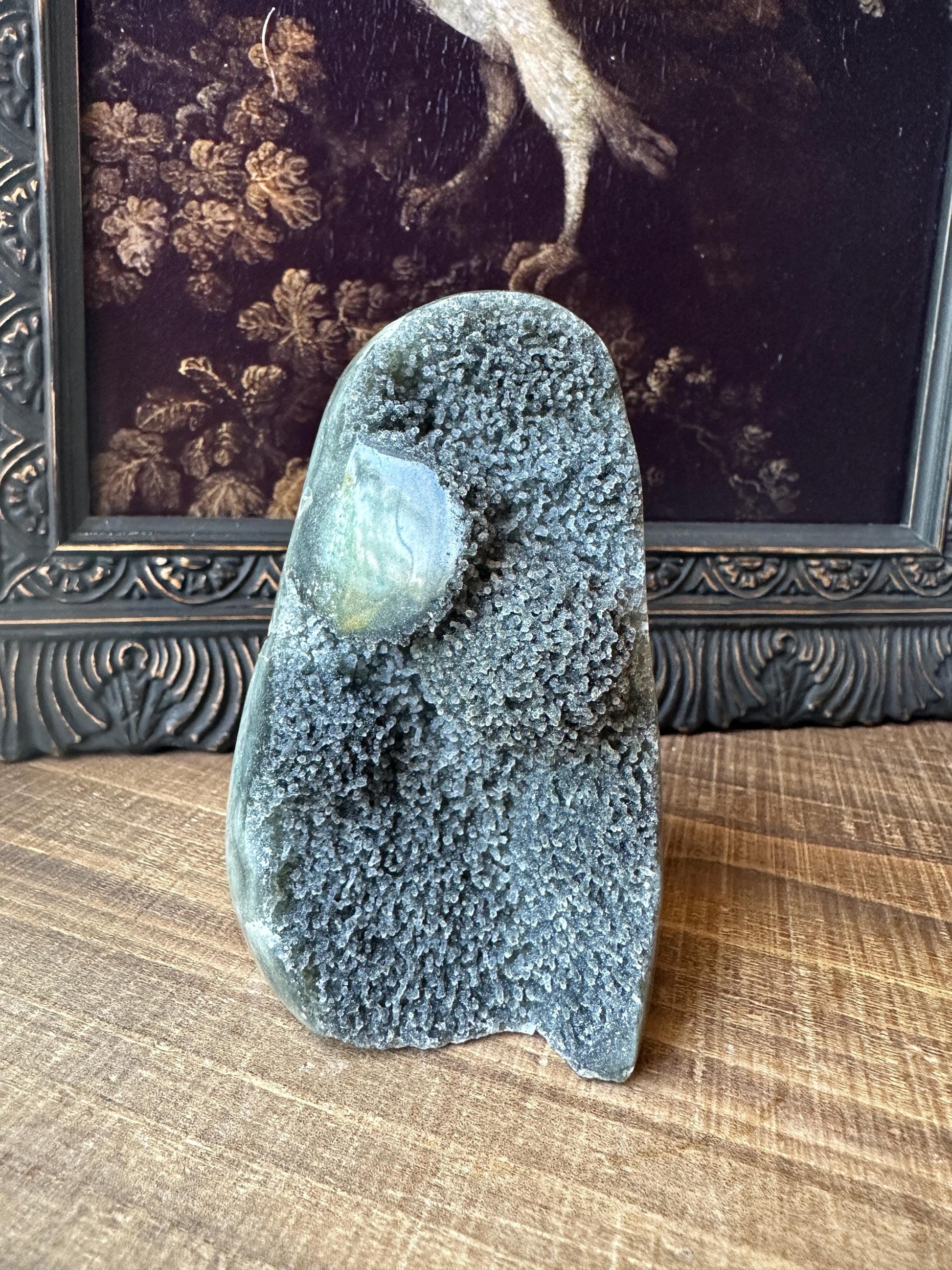 Galaxy Uruguay Amethyst Cut Base with a Stalactite Black Unique Crystal Druzy