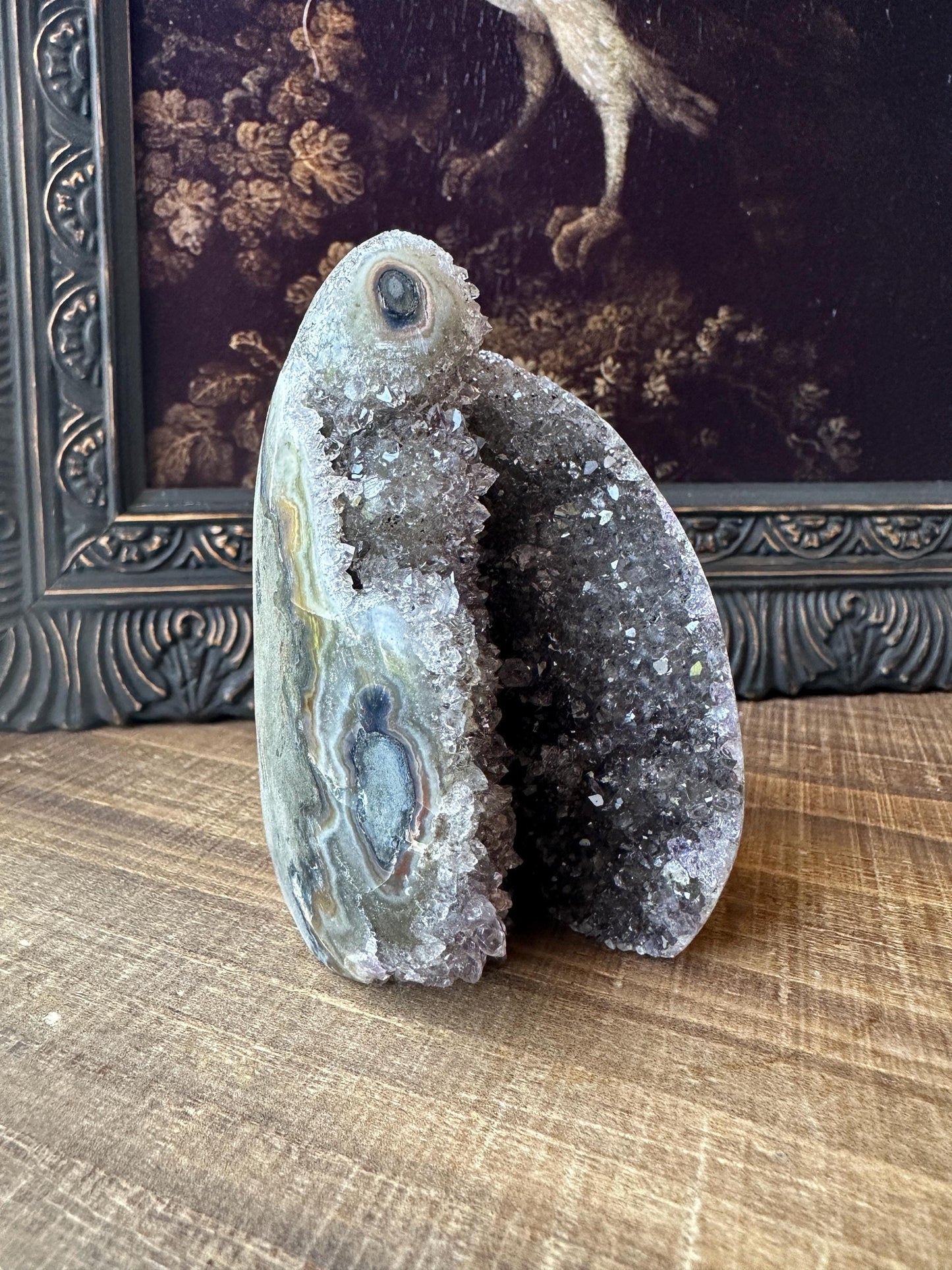 Grey-Balck-Purple Uruguay Amethyst Cut Base with a Stalactite with deep purple cave, Unique Crystal Druzy