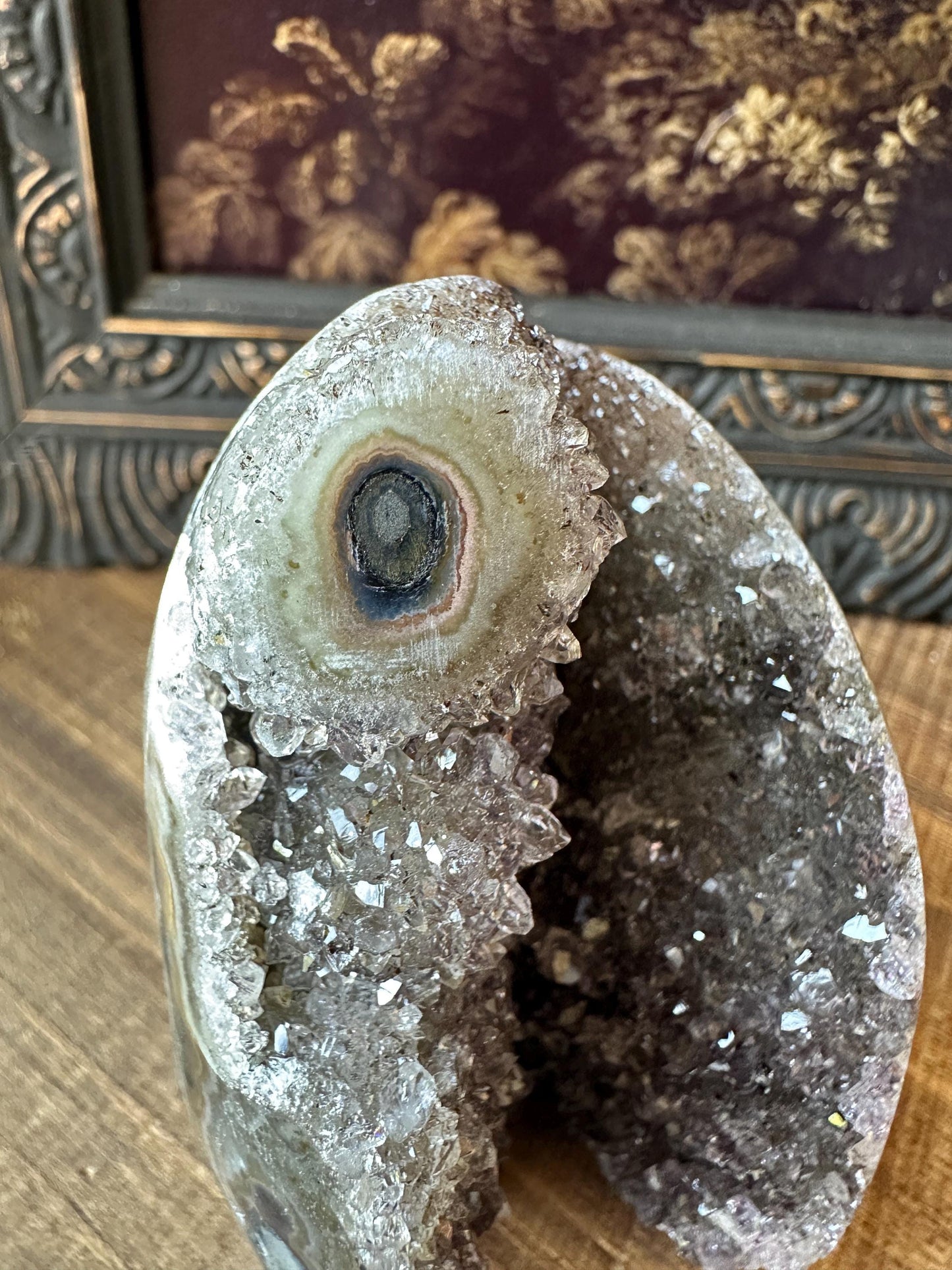 Grey-Balck-Purple Uruguay Amethyst Cut Base with a Stalactite with deep purple cave, Unique Crystal Druzy