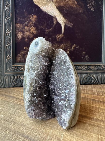 Grey-Balck-Purple Uruguay Amethyst Cut Base with a Stalactite with deep purple cave, Unique Crystal Druzy