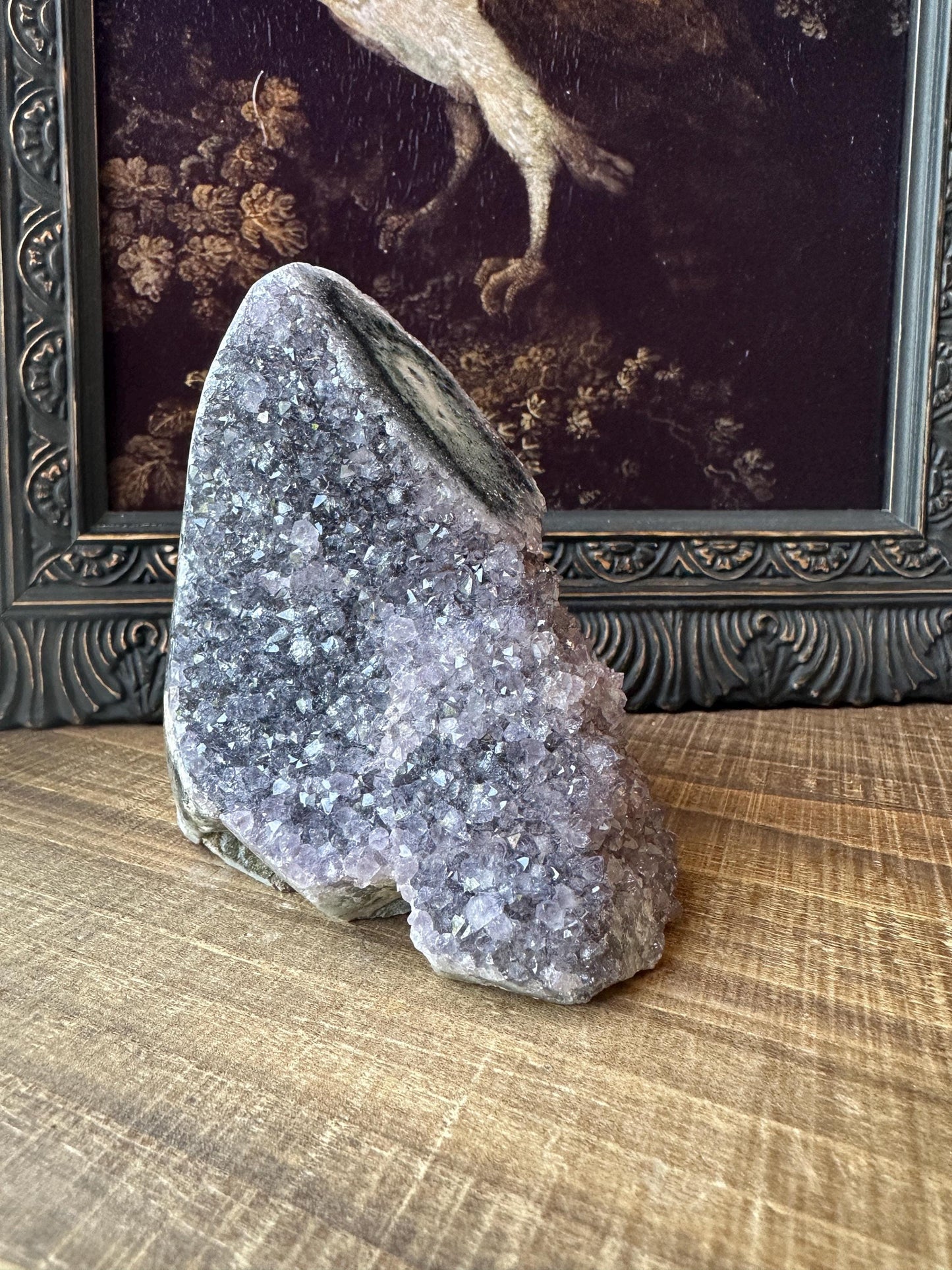 Uruguay Amethyst Cut Base with a Stalactite Black Unique Crystal Druzy