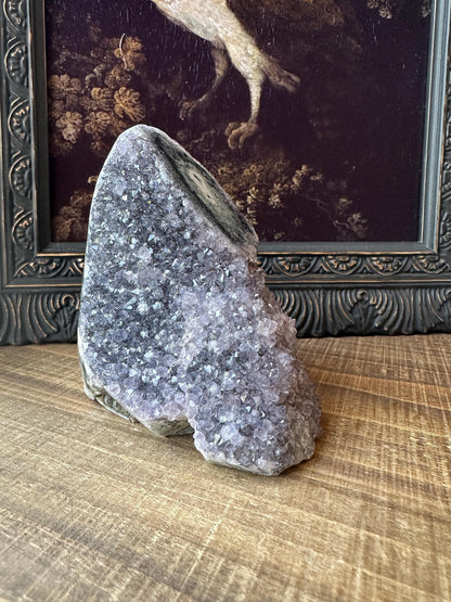 Uruguay Amethyst Cut Base with a Stalactite Black Unique Crystal Druzy