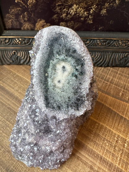Uruguay Amethyst Cut Base with a Stalactite Black Unique Crystal Druzy