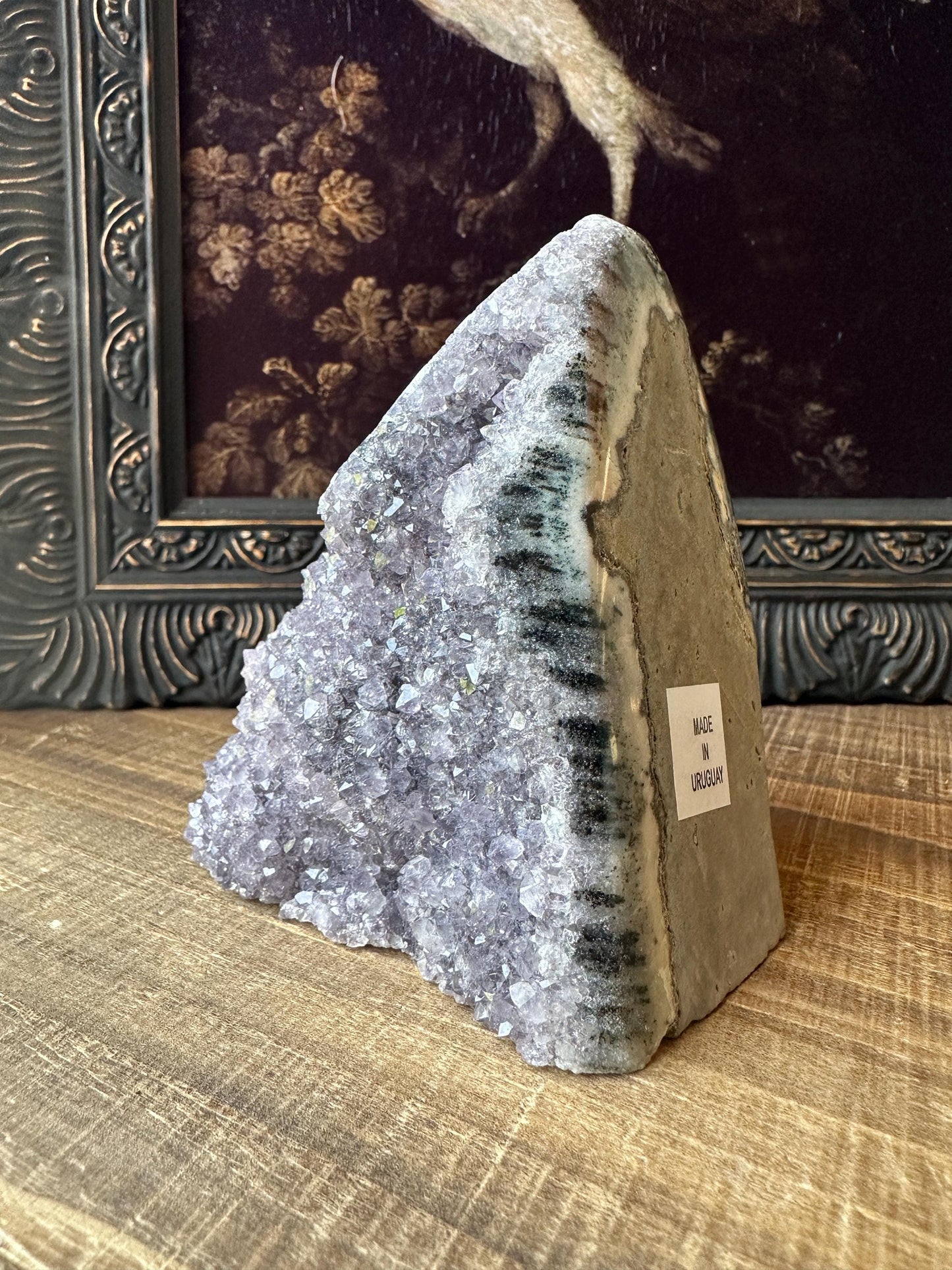 Uruguay Amethyst Cut Base with a Stalactite Black Unique Crystal Druzy