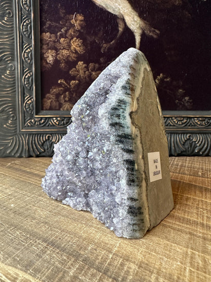 Uruguay Amethyst Cut Base with a Stalactite Black Unique Crystal Druzy