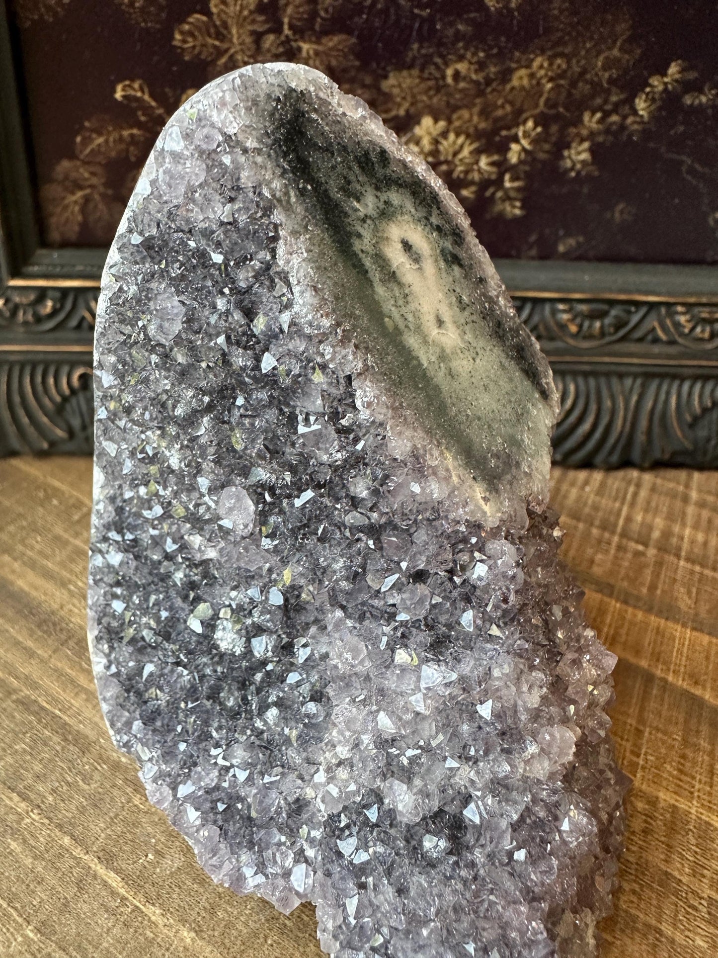 Uruguay Amethyst Cut Base with a Stalactite Black Unique Crystal Druzy
