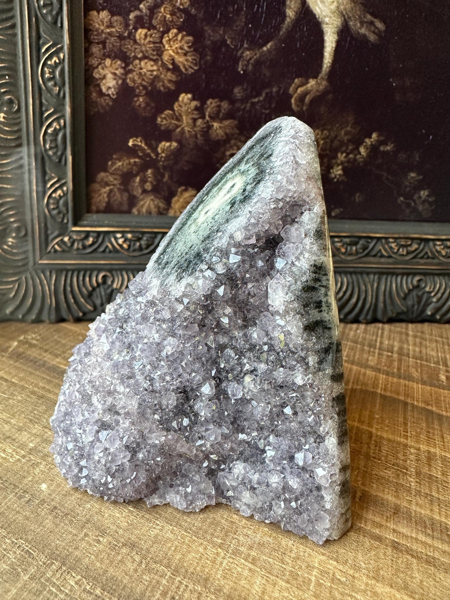 Uruguay Amethyst Cut Base with a Stalactite Black Unique Crystal Druzy