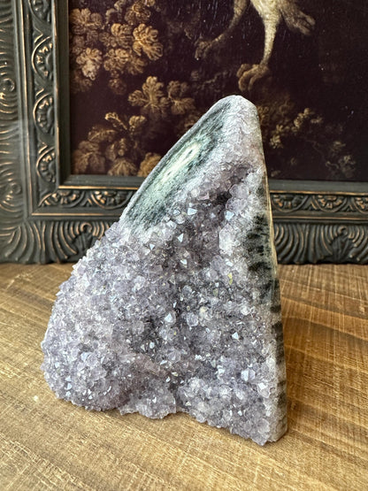 Uruguay Amethyst Cut Base with a Stalactite Black Unique Crystal Druzy
