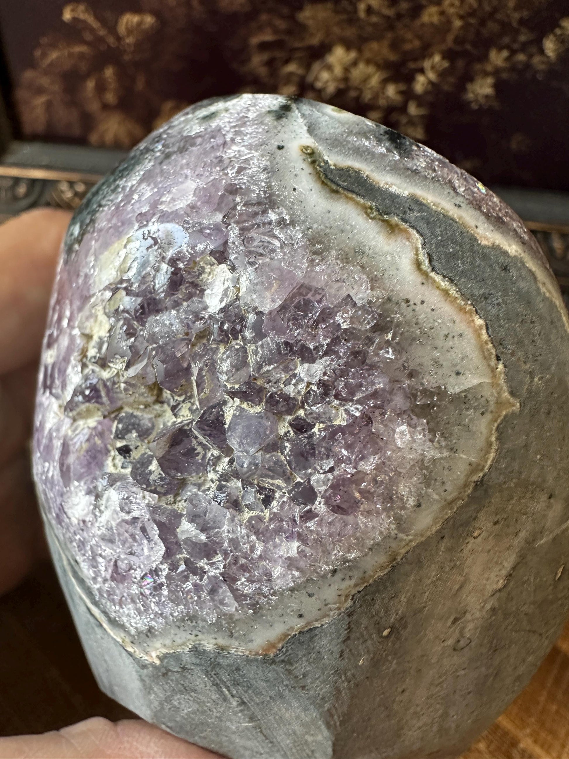 Uruguay Amethyst Cut Base with a Stalactite with deep purple caves Unique Crystal Druzy
