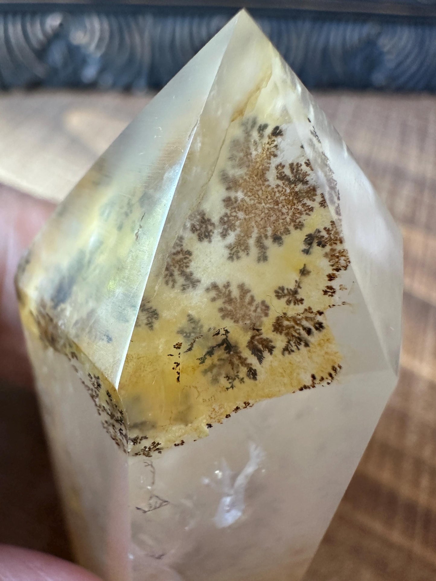 Transparent dendritic quartz tower with golden healer