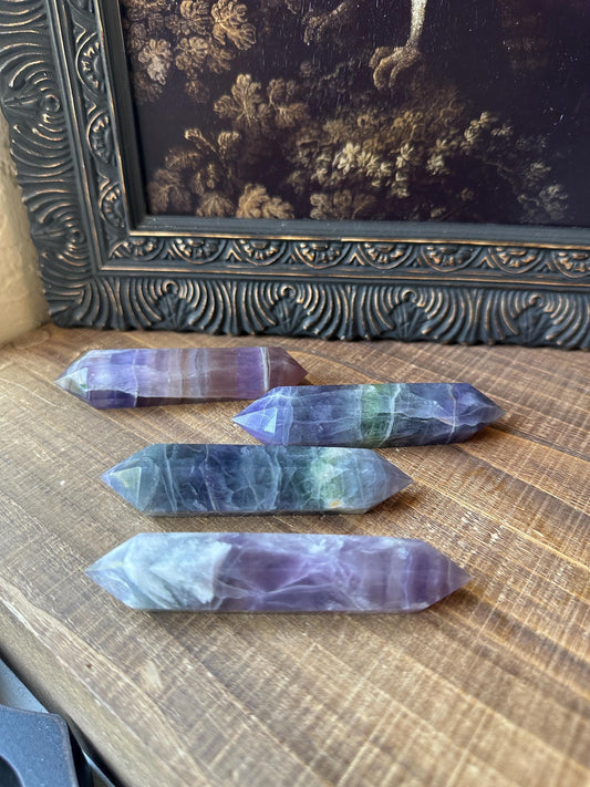 Rainbow fluorite DT point, blue fluorite double point