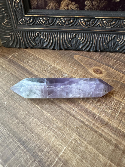 Rainbow fluorite DT point, blue fluorite double point