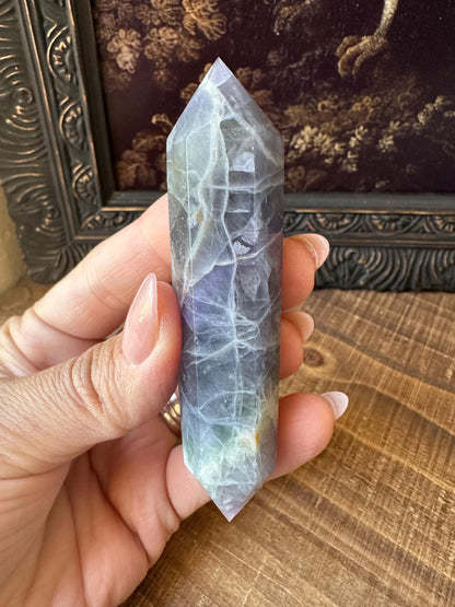 Rainbow fluorite DT point, blue fluorite double point