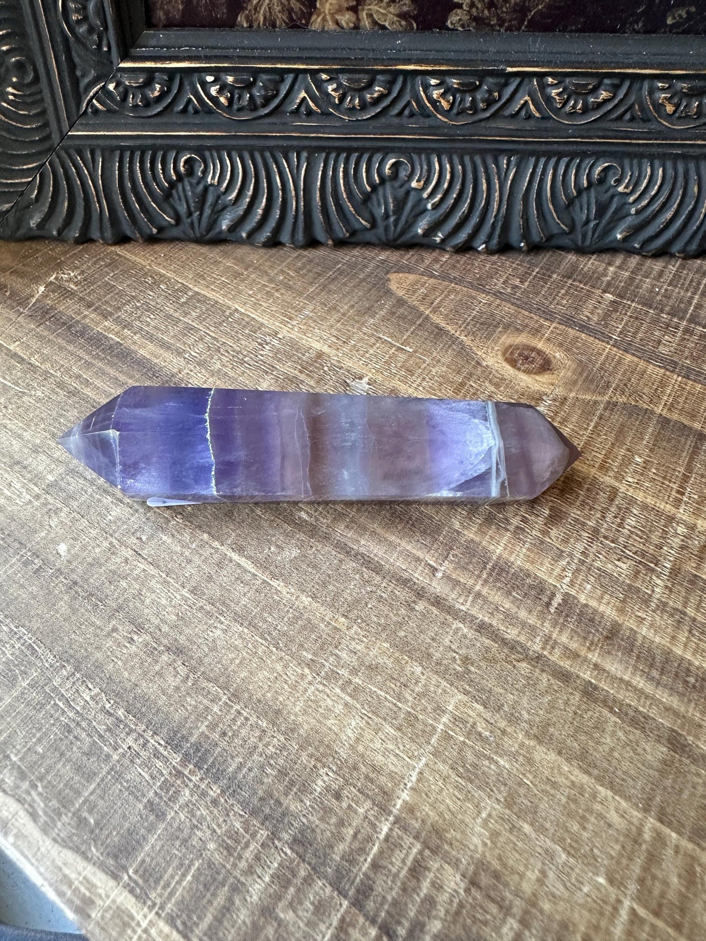 Rainbow fluorite DT point, blue fluorite double point