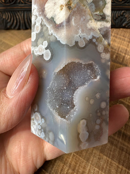 Sugar Druzy Blue Flower Agate Tower with Beautiful Pink & Blue Flower patter all over