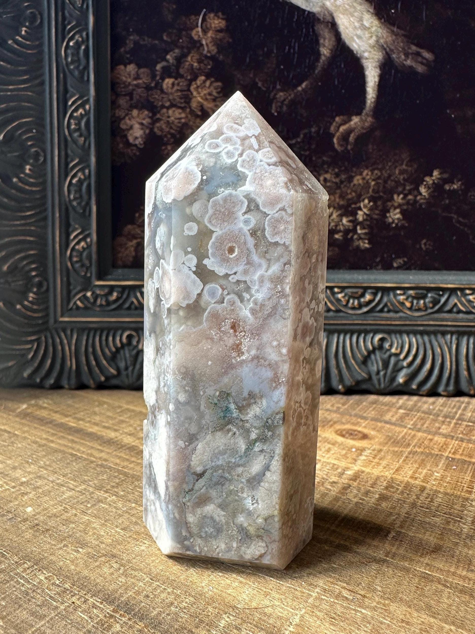 Sugar Druzy Blue Flower Agate Tower with Beautiful Pink & Blue Flower patter all over