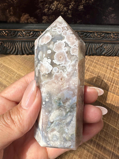 Sugar Druzy Blue Flower Agate Tower with Beautiful Pink & Blue Flower patter all over