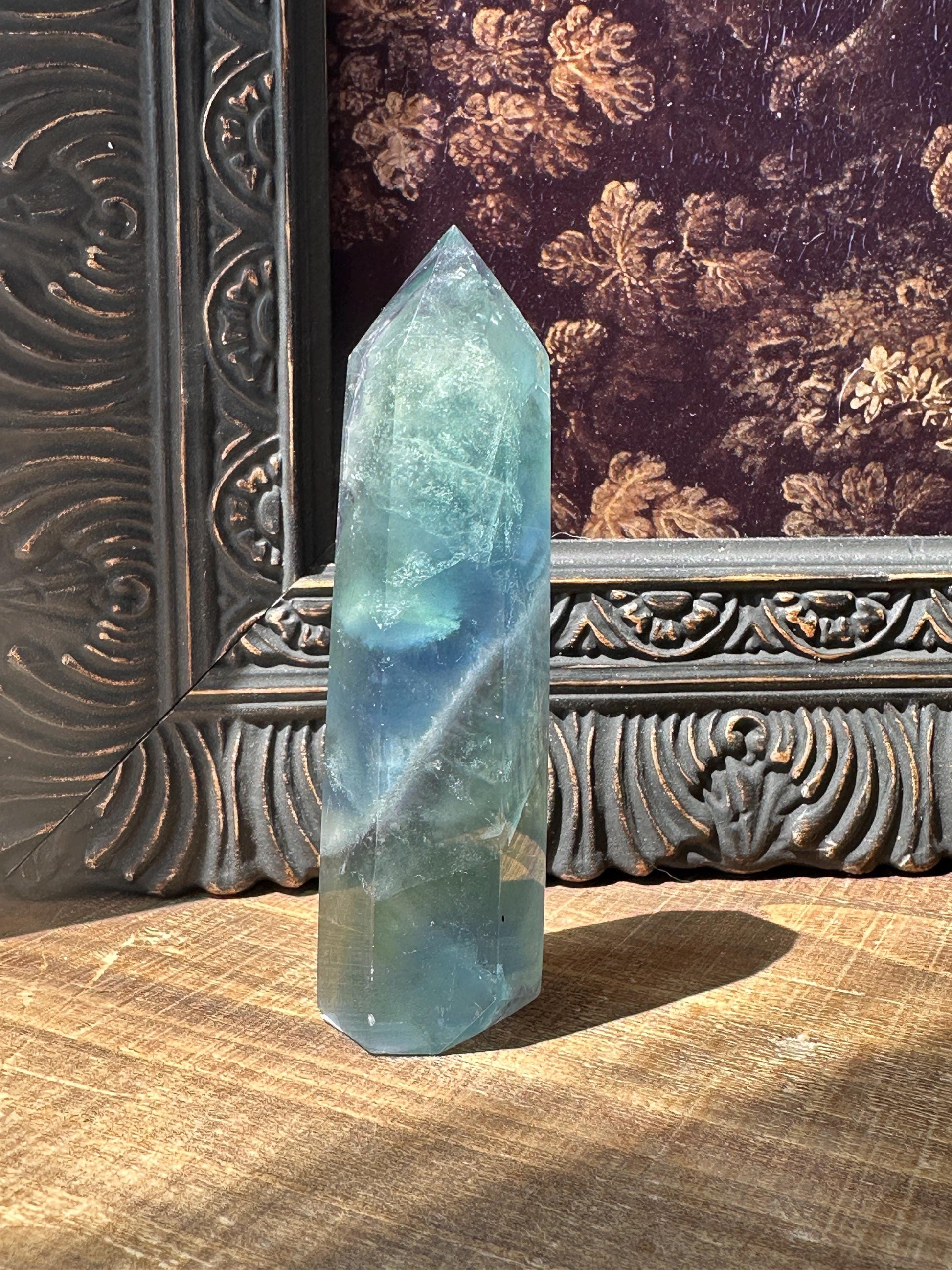 Blue Green fluorite tower with purple banding, fluorite point, rainbow fluorite