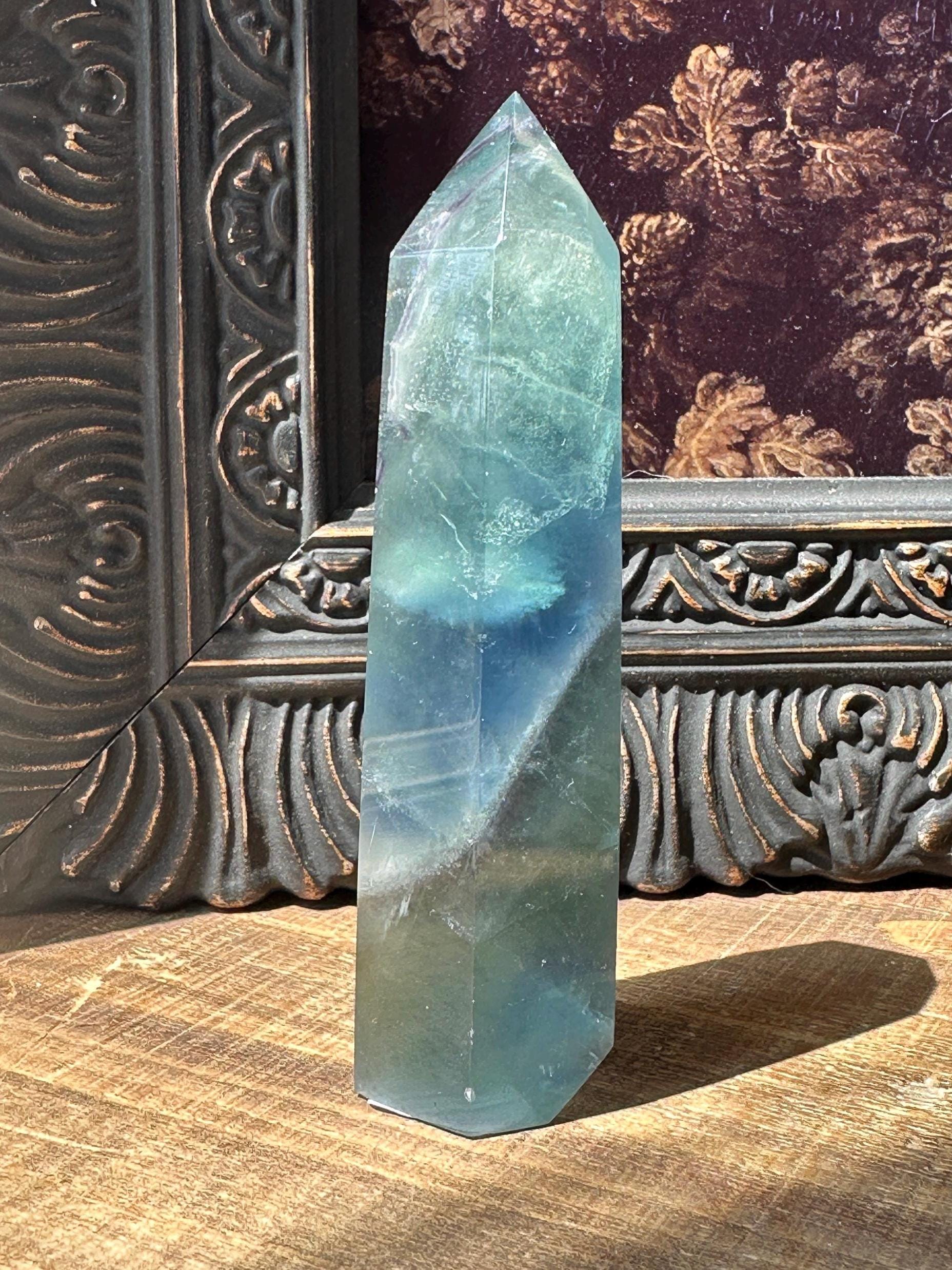 Blue Green fluorite tower with purple banding, fluorite point, rainbow fluorite