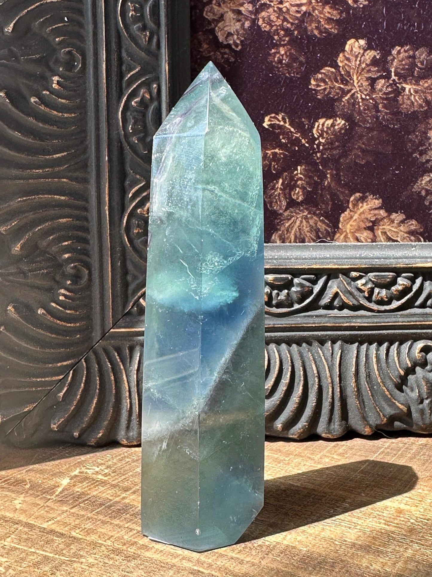 Blue Green fluorite tower with purple banding, fluorite point, rainbow fluorite
